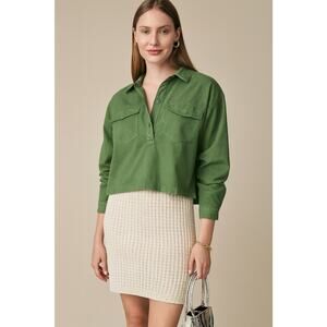 J.Crew Popover Cropped Shirt Sz‎ Small Cotton Linen Blend Green Long Sleeve Boxy